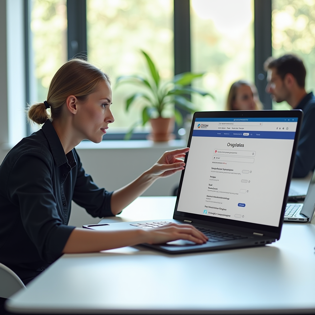 Professional consultant analyzing browser settings on a modern laptop in a bright, minimalist office environment with clean desk setup and natural lighting