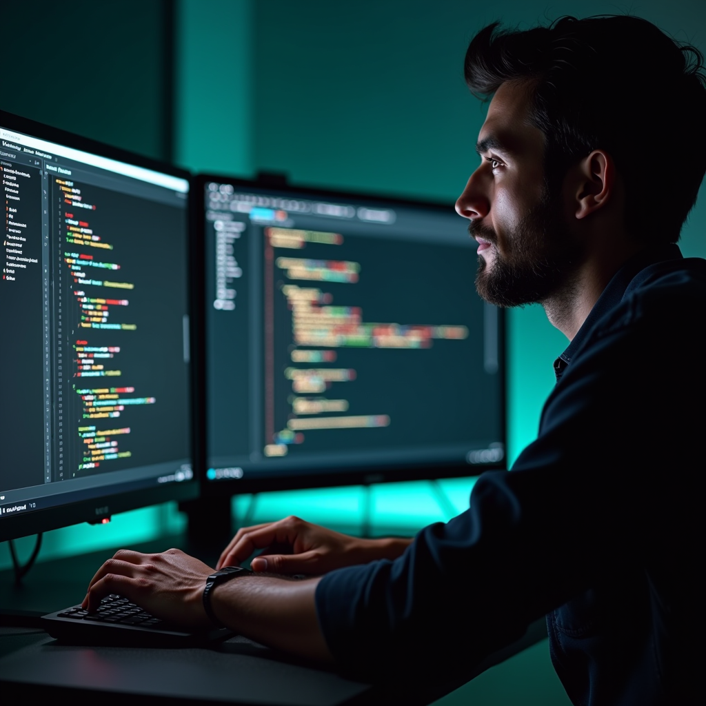 Professional developer working on custom filtering rules configuration on multiple monitors, showing code editor with filtering patterns and browser testing windows, clean modern workspace with teal accent lighting