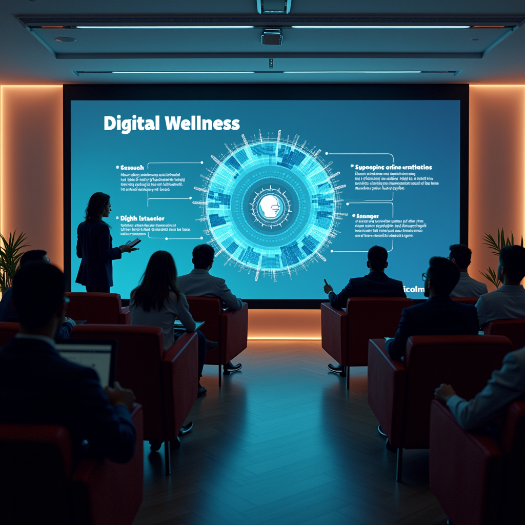Modern training room with comfortable seating, large screen displaying digital wellness concepts, participants engaged in interactive learning session about managing online distractions