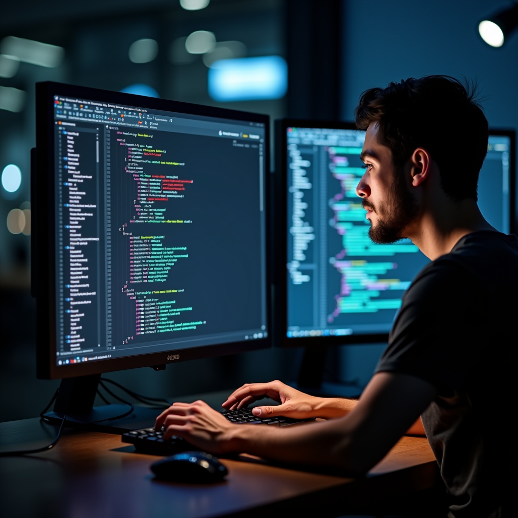 Developer working on custom filtering rules code on dual monitors showing configuration files and testing results in a modern workspace