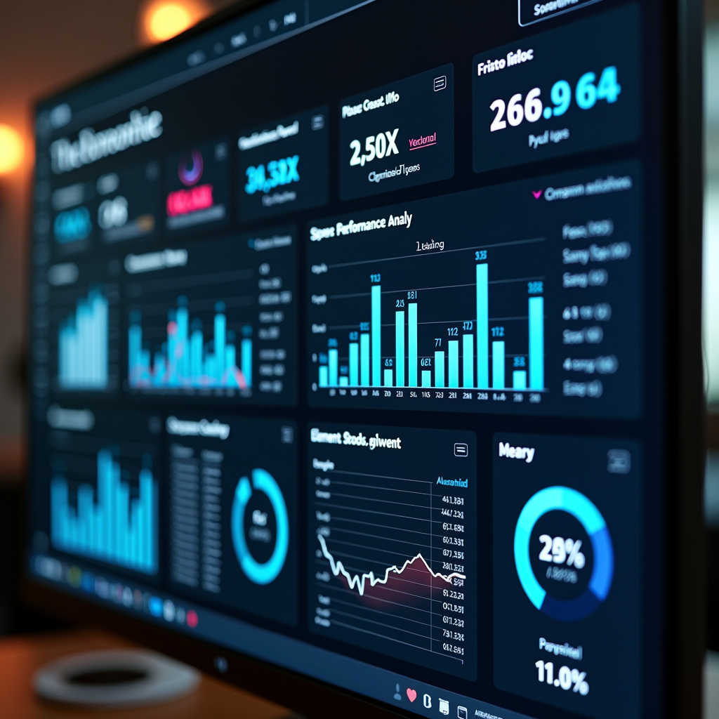 Detailed analytics dashboard displaying website performance metrics, loading speed graphs, and element analysis charts on a large monitor