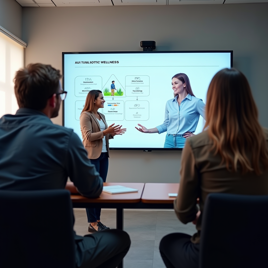 Interactive training session with instructor teaching digital wellness techniques to small group in modern classroom with presentation screen and comfortable seating